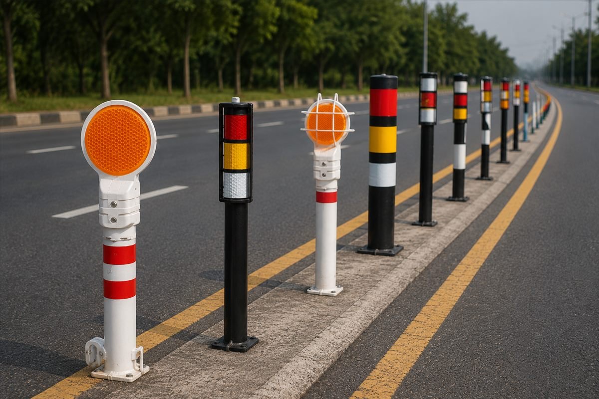 Auroguard high elasticity orange polymer road delineator post with white micro prismatic reflective bands anchored along a highway shoulder edge