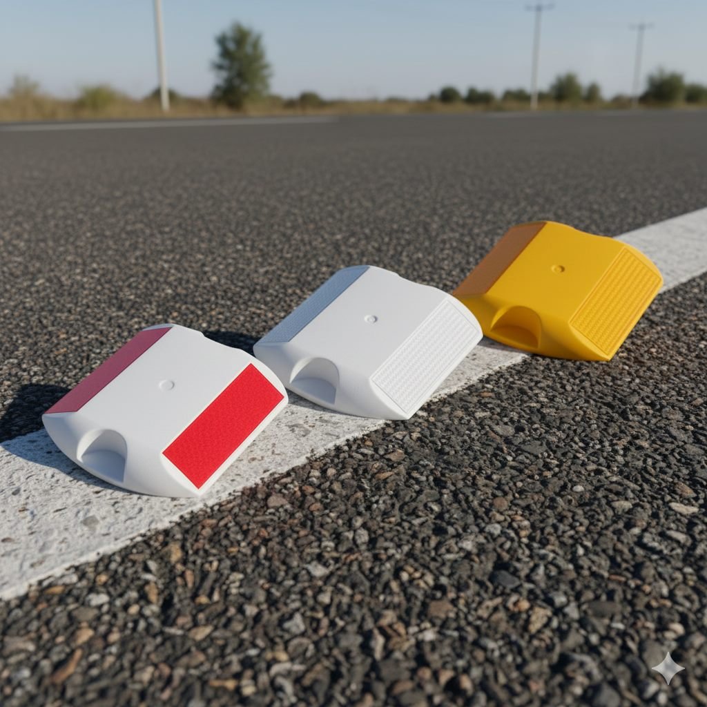 High-impact amber polycarbonate retroreflective road stud cat's eye marker supplied by Auroguard Private Limited installed on highway asphalt lane line.