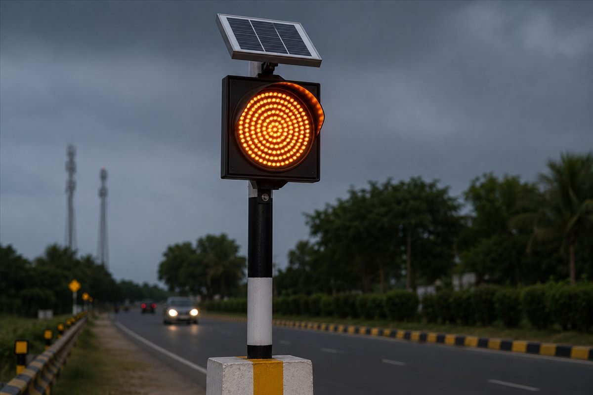 Auroguard solar powered amber LED traffic flashing blinker light beacon mounted on a galvanized steel post alongside a highway median
