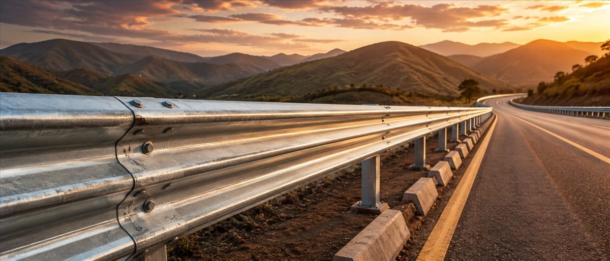Auroguard hot dip galvanized steel dual corrugation W beam crash barrier mounted on rigid steel anchor posts along a highway outer edge shoulder