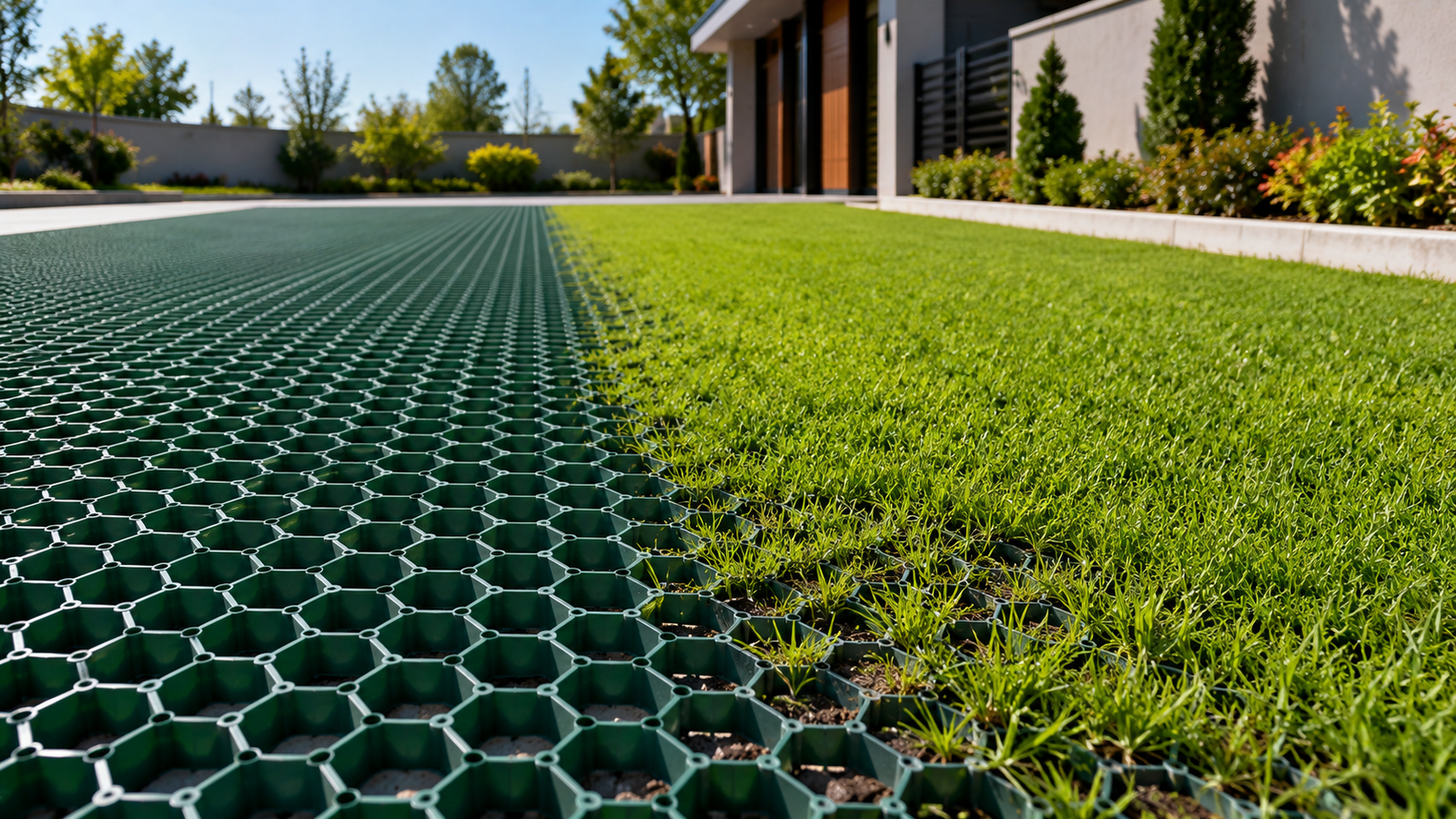 Auroguard interlocking high strength modular HDPE grass paver grid panels installed for permeable green parking lot ground stabilization