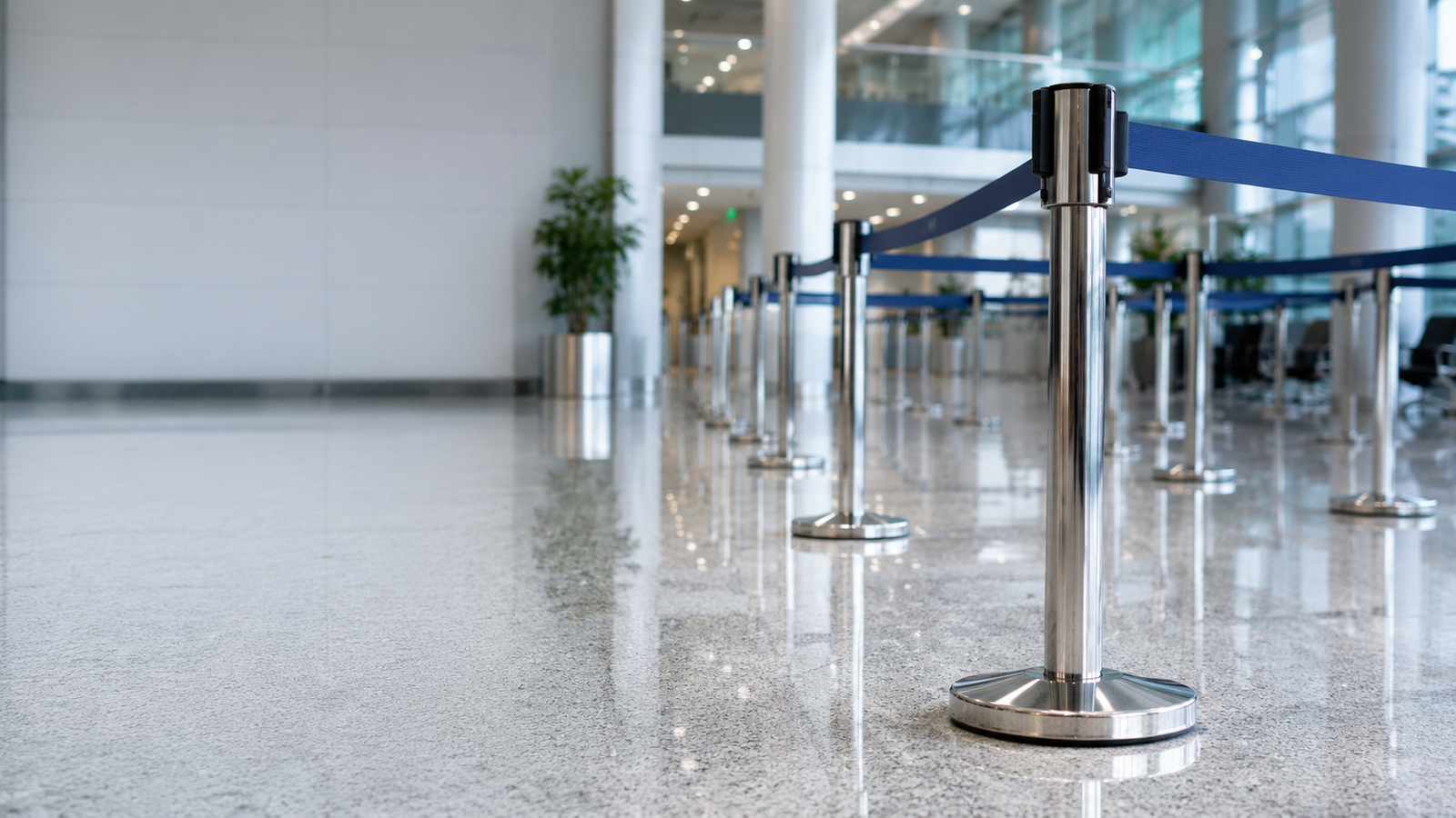 Auroguard premium stainless steel retractable belt queue manager stanchions arranged in a clean parallel crowd control line on a polished commercial floor