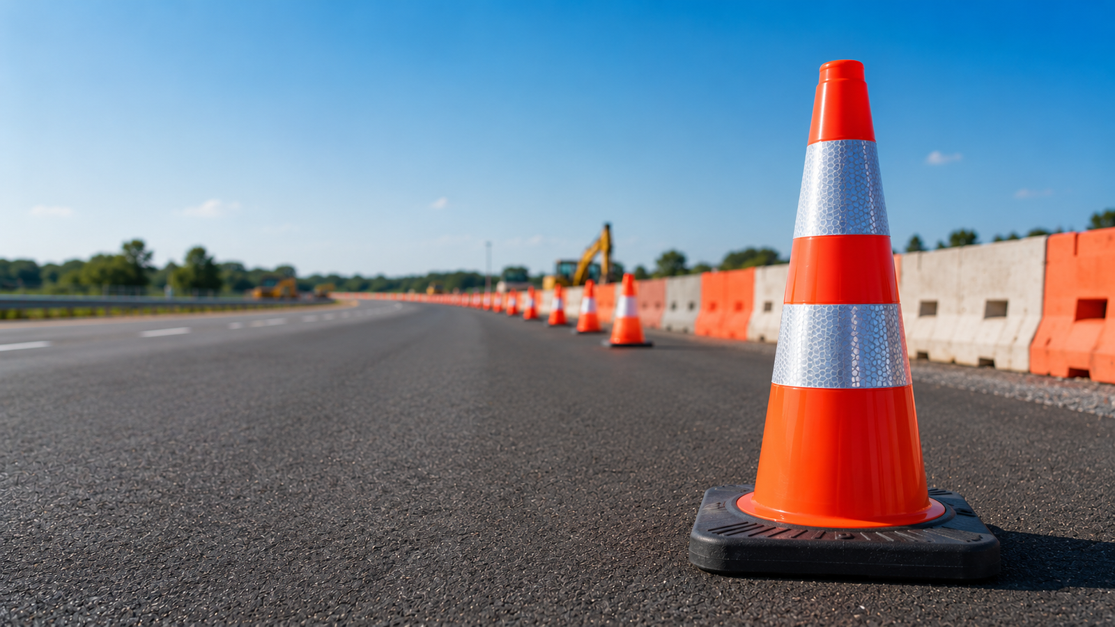 Auroguard high flexibility fluorescent orange PVC safety traffic cone with wide silver retro reflective sleeves and heavy duty black rubber base on an asphalt road