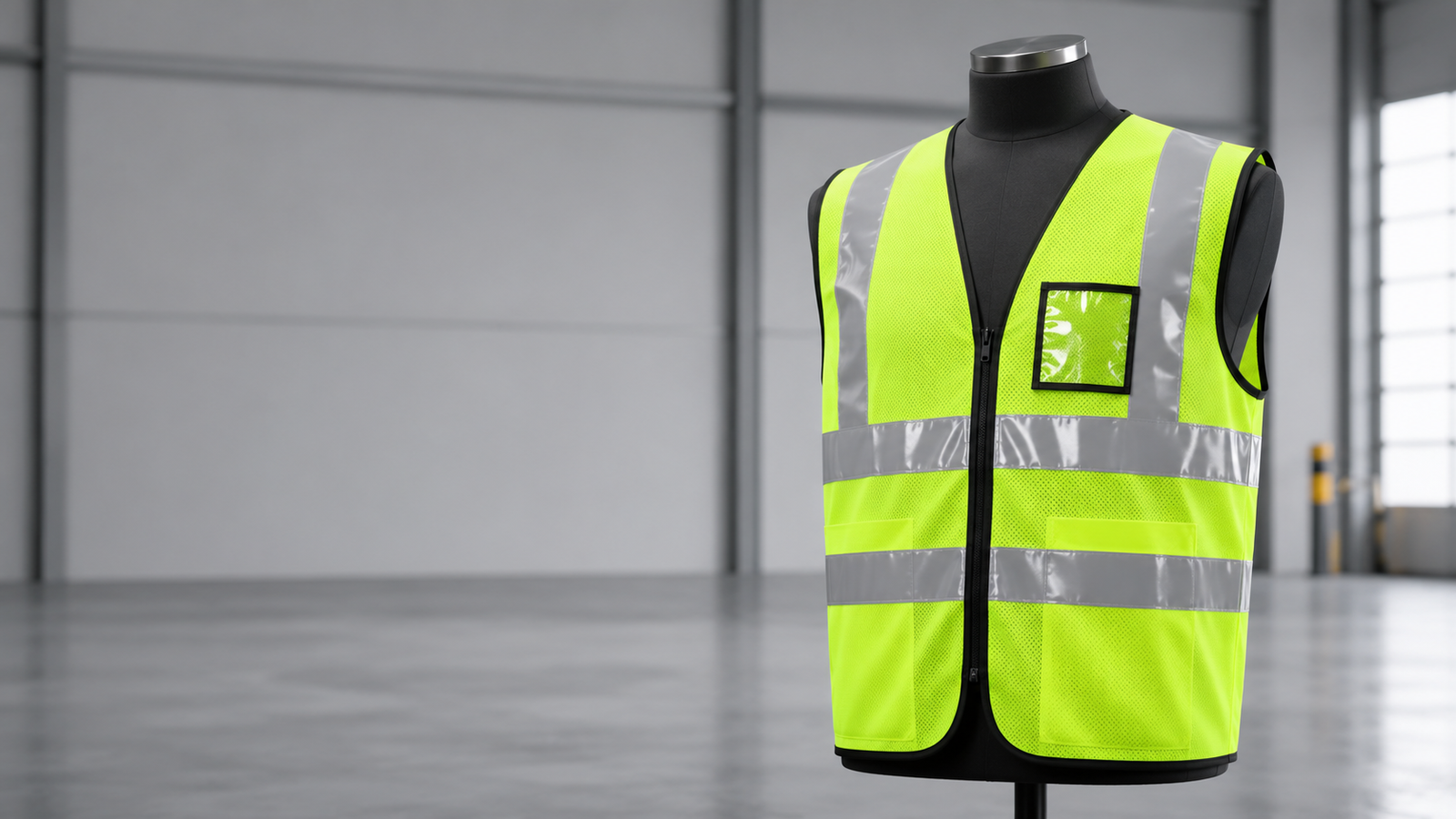 Auroguard high visibility fluorescent lime green polyester safety jacket with wide silver retro reflective bands and multi functional utility pockets