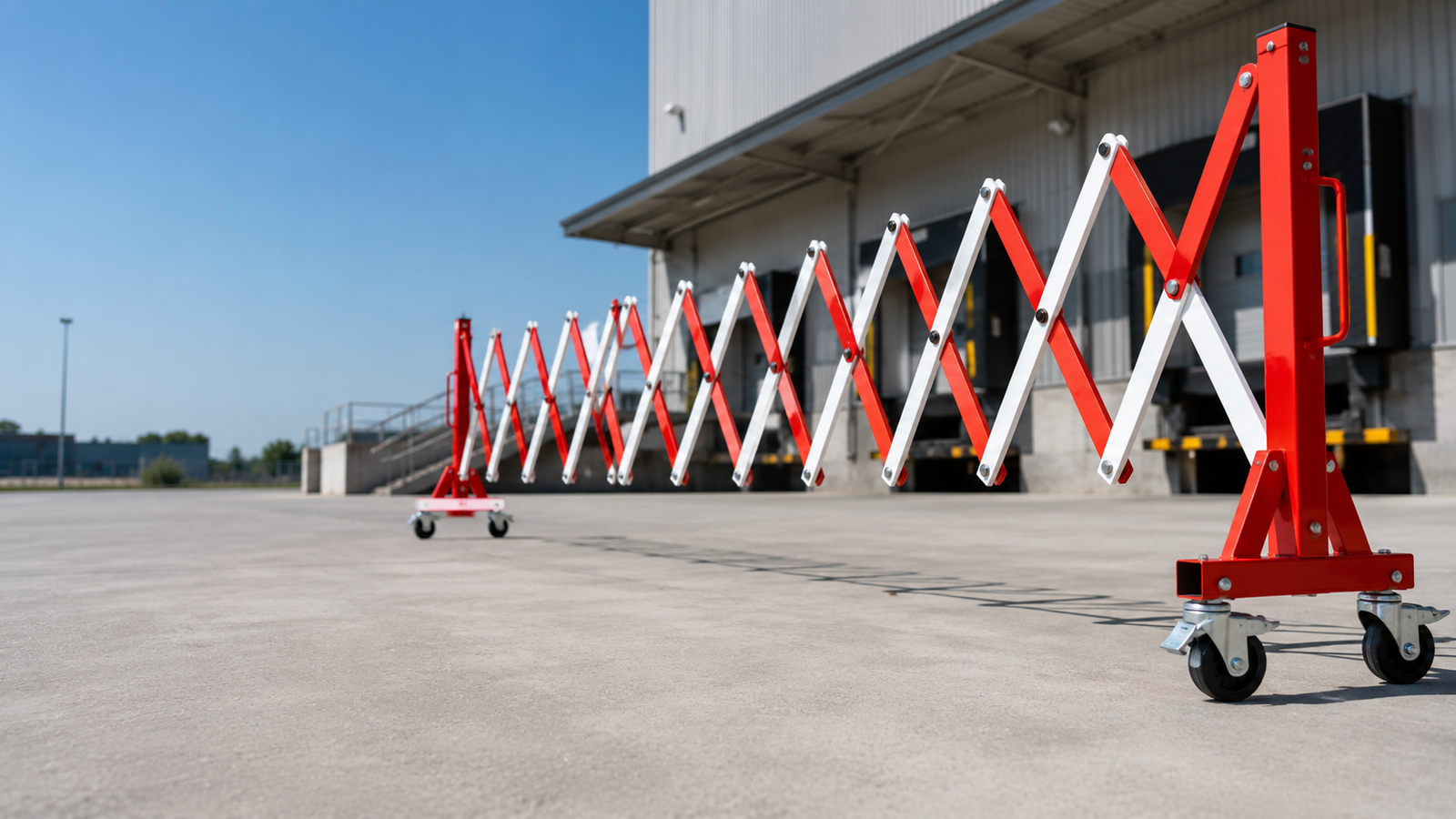 Auroguard high visibility red and white expandable steel scissor barrier system deployed across a restricted commercial facility entrance