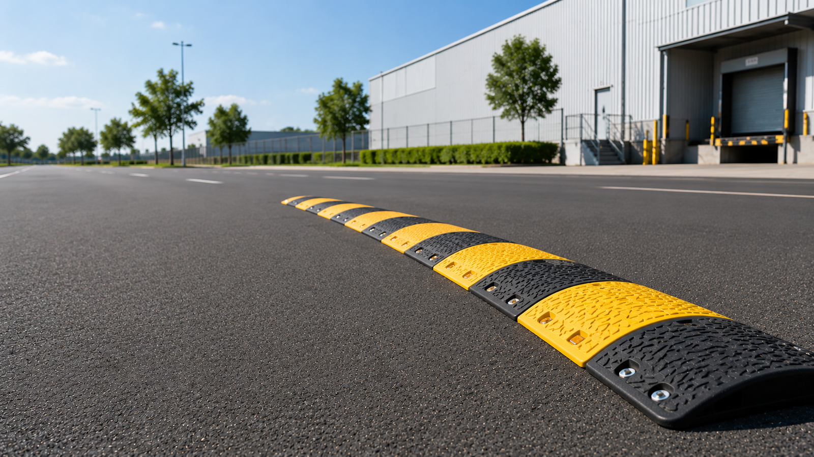 Auroguard heavy duty interlocking yellow and black modular rubber speed breaker anchored securely across an industrial facility roadway