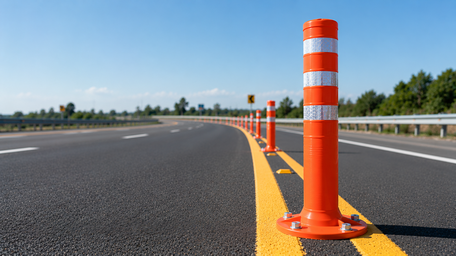 Auroguard Private Limited manufactures premium-grade Spring Posts (Flexible Traffic Bollards), structurally engineered to provide continuous visual delineation and hazardous zone isolation on high-speed expressways, national highways, and complex urban toll junctions. Compression-molded as a single cohesive unit from top-tier, high-elasticity polyurethane (PU) resins, these flexible lane dividers possess an extraordinary 360-degree impact recovery matrix. When struck or run over by high-velocity vehicular wheels, the post deflects completely flat to prevent vehicular damage, then immediately springs back to its vertical position without taking a permanent set, cracking, or losing structural tensile strength. Every spring post is formulated with advanced ultraviolet (UV) stabilizers to prevent color fading and polymer embrittlement during prolonged exposure to intense tropical heat and monsoon humidity. Wrapped with high-intensity micro-prismatic retro-reflective sheeting sleeves, our spring posts deliver exceptional long-distance nocturnal luminance. They are universally specified for separating oncoming traffic lanes, channeling vehicles into flyover merge points, and marking sharp, hazardous curve boundaries.