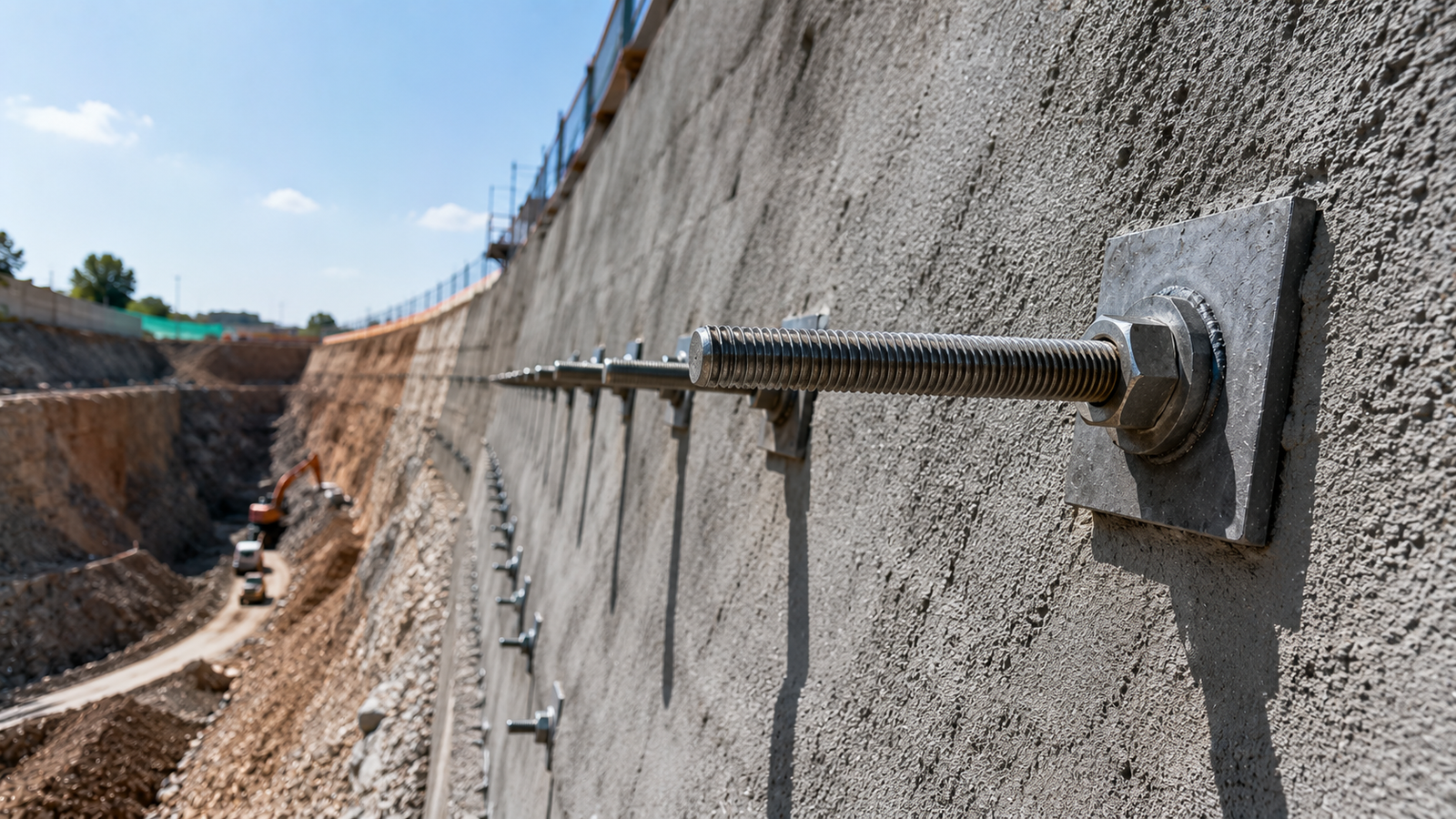 Auroguard high yield threaded solid bar soil nail system with heavy duty steel bearing plates and hex nuts installed for deep excavation earth retention