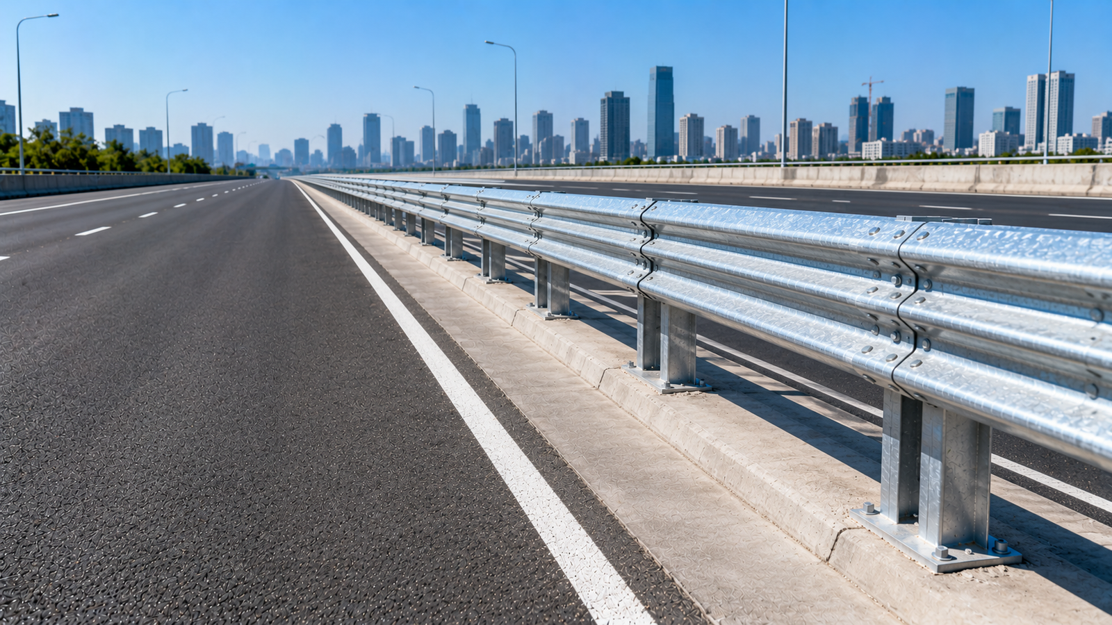 Auroguard high containment hot dip galvanized steel triple corrugation Thrie beam crash barrier mounted on heavy duty anchor posts along an expressway median