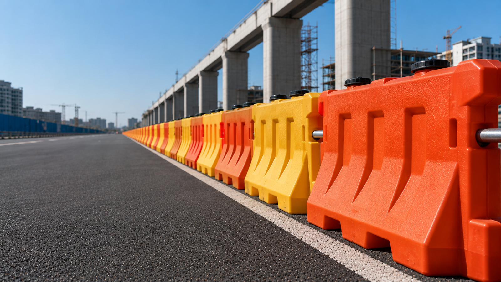 Auroguard interlocking heavy duty orange and yellow rotationally molded water road barriers connected in a continuous safety line along an urban construction zone