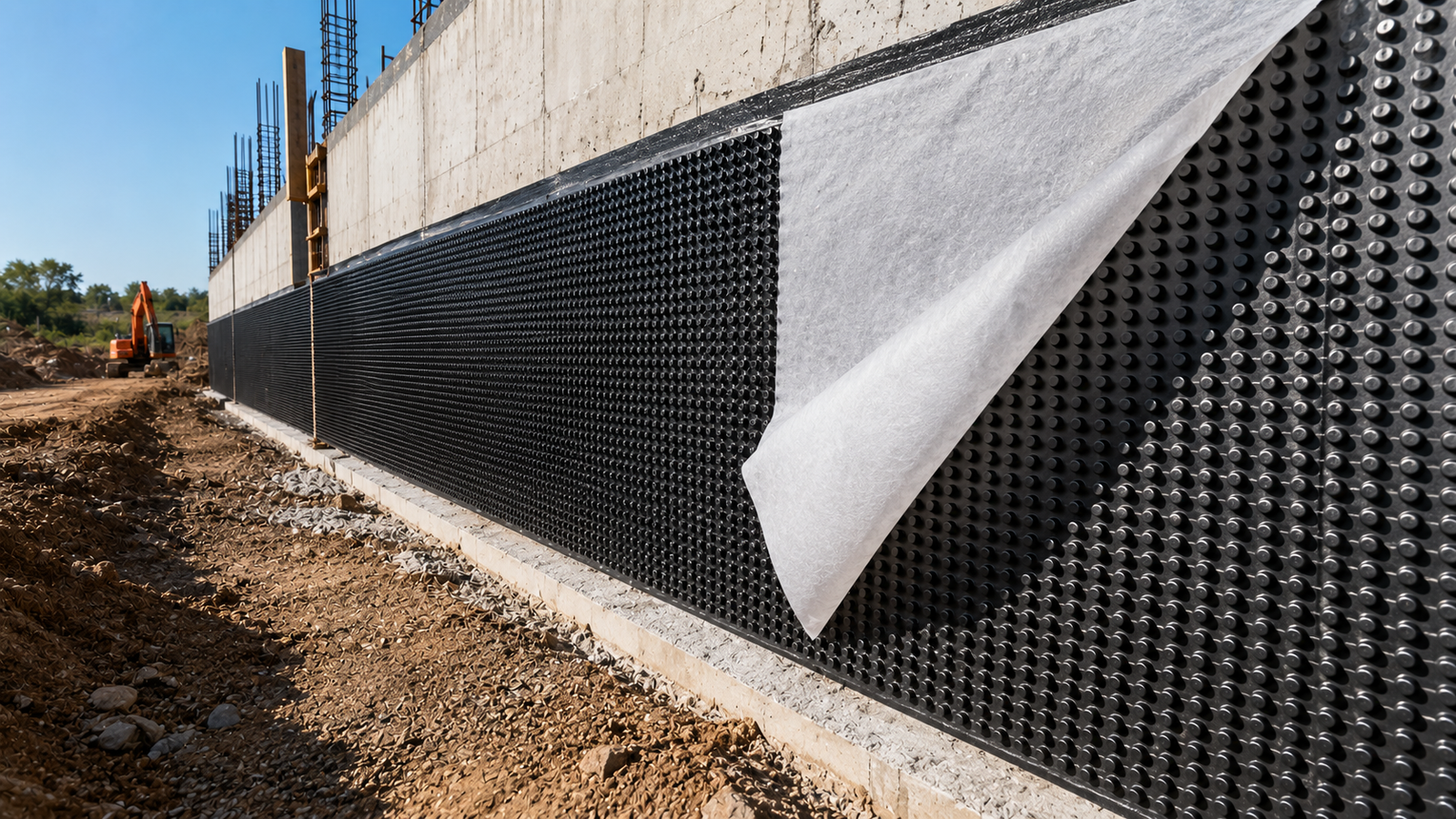 Auroguard high density polyethylene HDPE dimple board drainage sheet installed against a waterproofed basement retaining wall