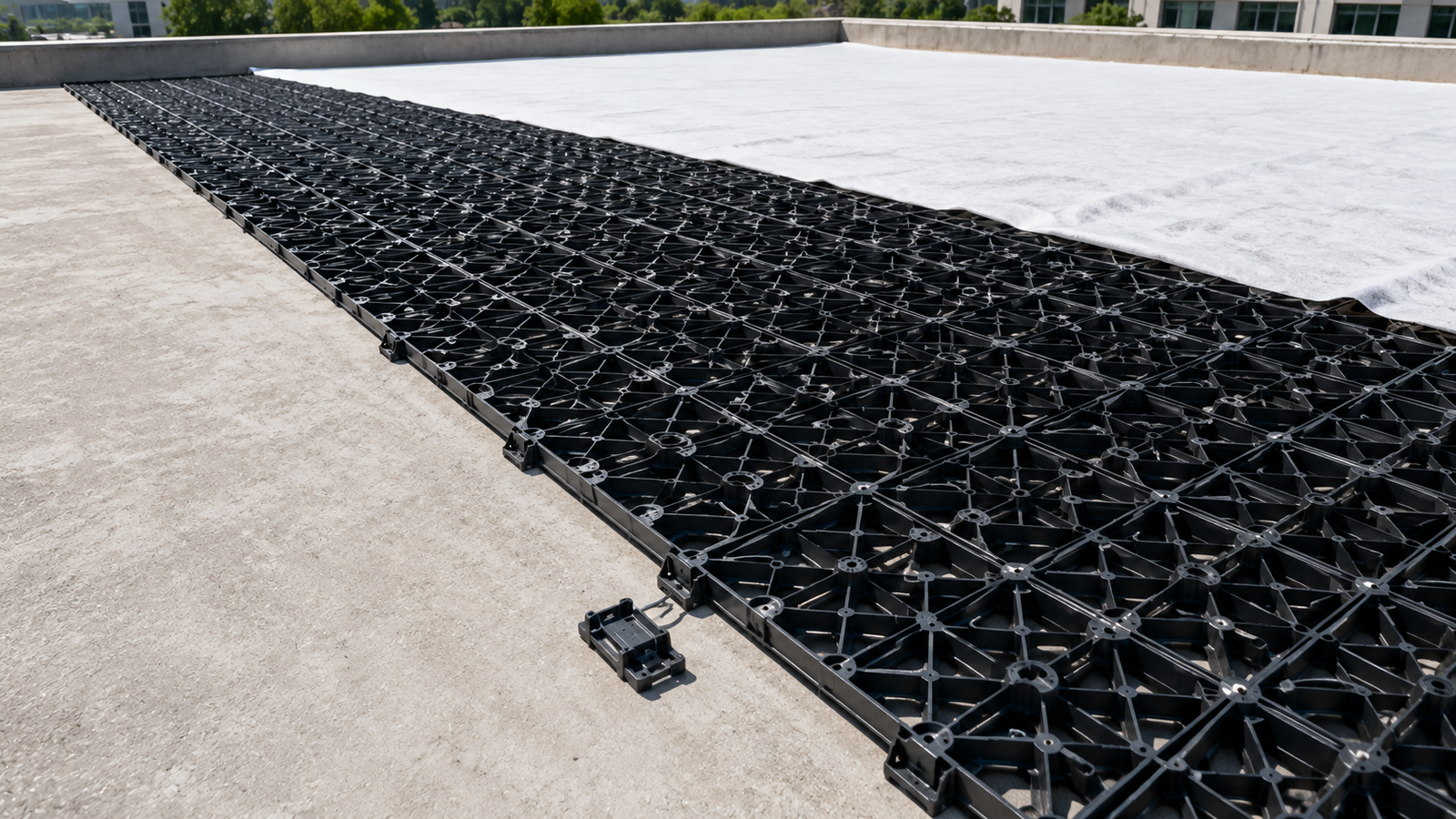 Auroguard interlocking high strength modular polypropylene drain cell grid panel grid layer installed for podium deck sub surface drainage