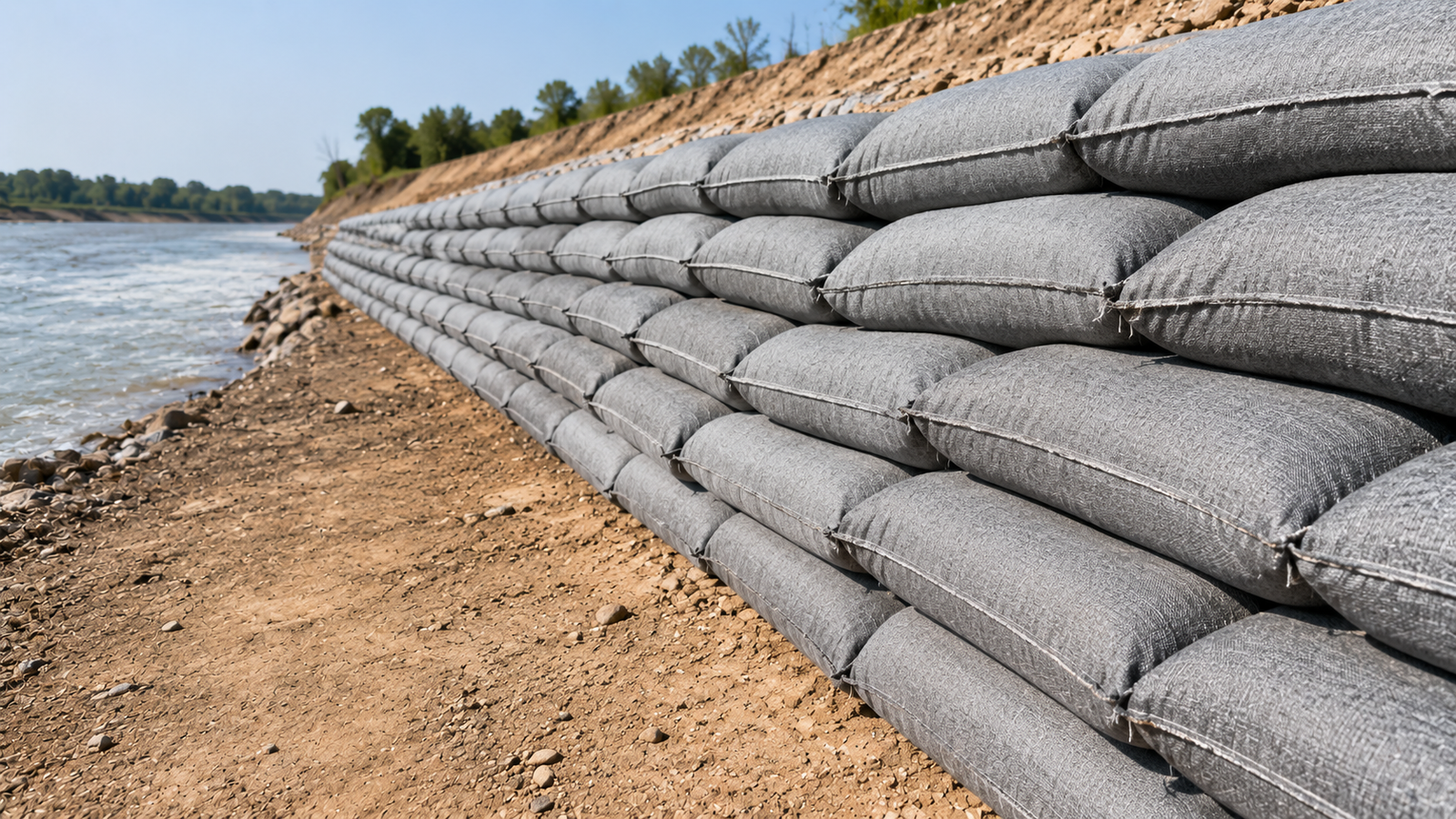 Auroguard heavy non woven needle punched geotextile sand filled geo bag units stacked for riverbank erosion protection revetment
