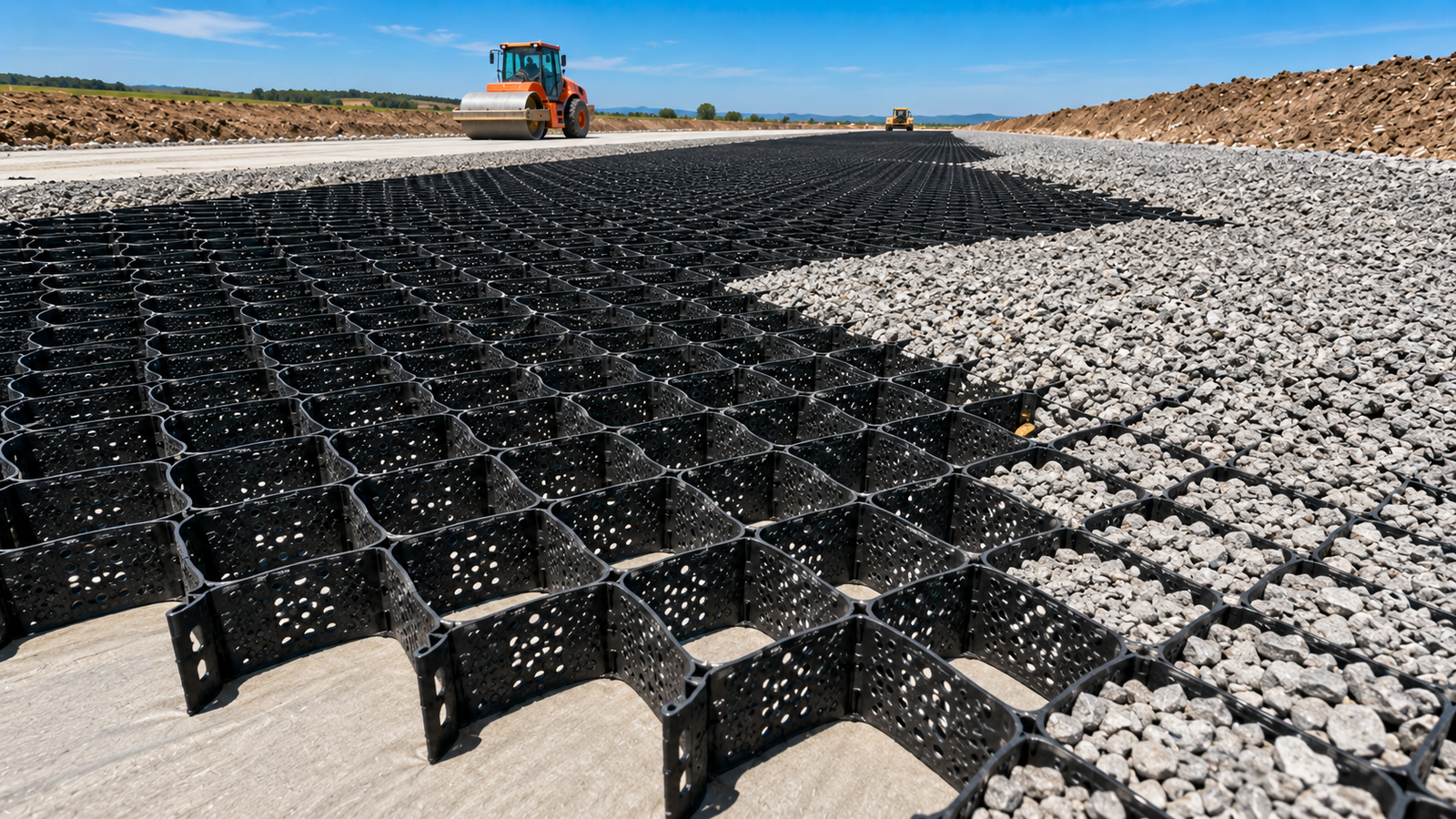 Auroguard Private Limited manufactures high-performance Geo Cells (Cellular Confinement Systems), structurally engineered from premium high-density polyethylene (HDPE) sheets that are ultrasonically welded at staggered intervals to create a flexible, three-dimensional honeycomb matrix. When expanded and filled with localized soils, aggregates, or concrete, this cellular network delivers massive lateral confinement and mechanical stabilization. The structural cells distribute vertical structural dynamic loads across a wider planar area, reducing subgrade stress and completely preventing lateral soil shifting or deep rutting under heavy vehicle wheels. Featuring texturing and uniform structural perforations, our geo cells maximize interfacial friction angles while enabling rapid subsurface lateral drainage and root growth. They are universally specified for demanding modern civil works—including weak subgrade road base stabilization, steep slope erosion control liners, railway track bed stabilization, and structural earth retaining walls.