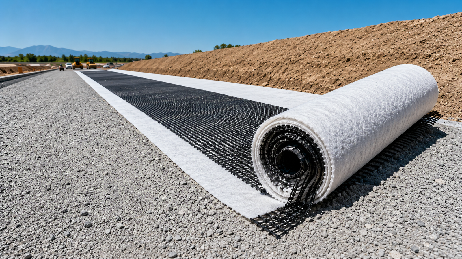 Auroguard high flow drainage geocomposite layer featuring a black 3D polymer core bonded to a white non woven geotextile filter fabric