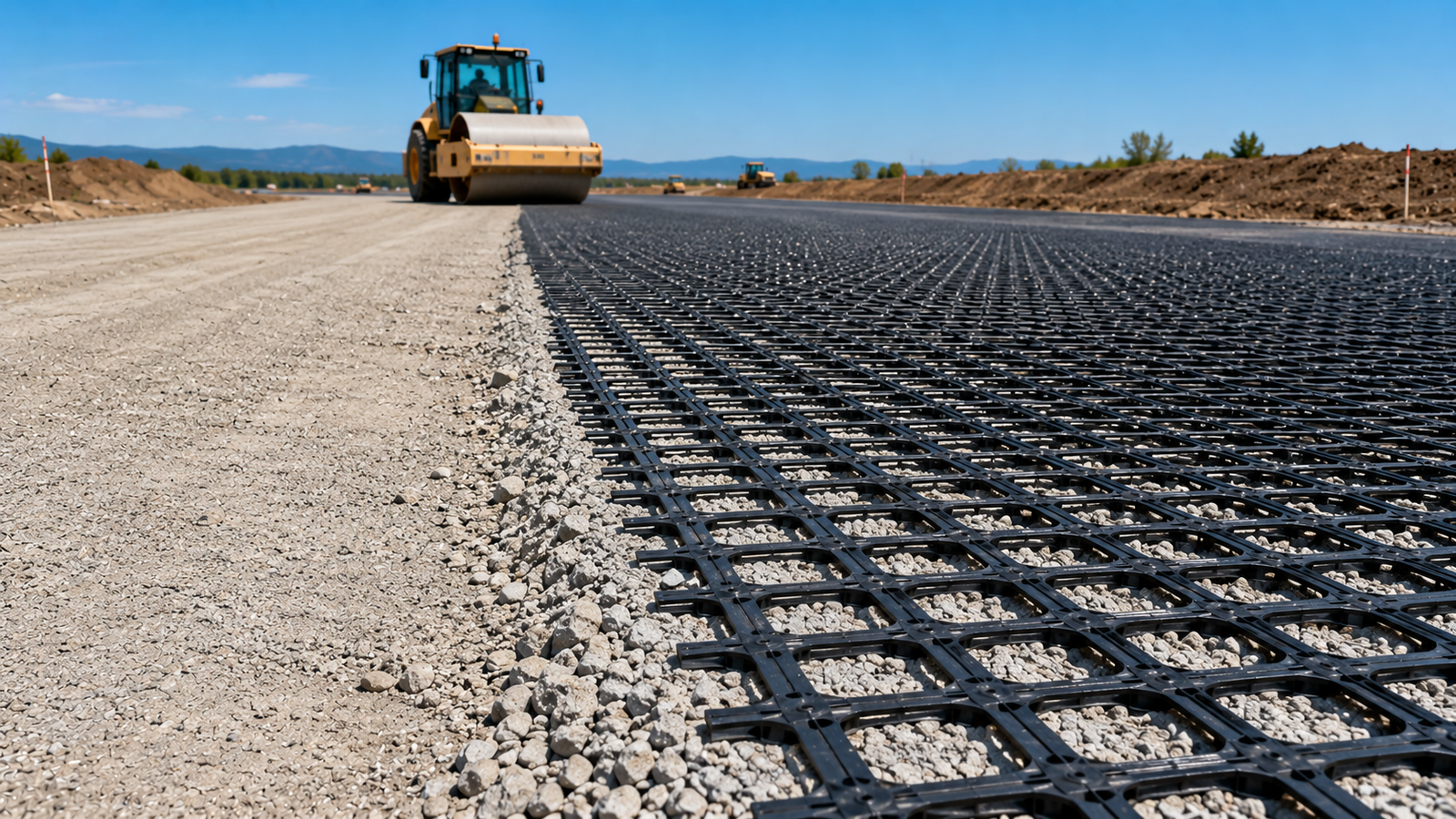 Auroguard high modulus polypropylene rigid biaxial geo grid layer laid over an aggregate subgrade for highway foundation reinforcement