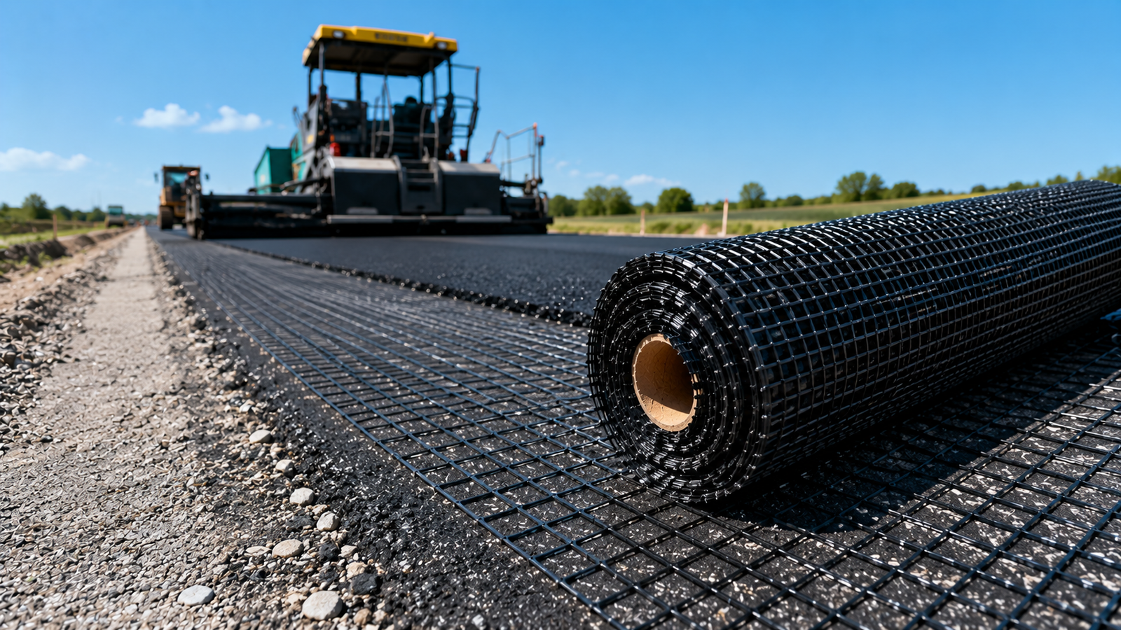 Auroguard high tensile low elongation bituminous coated glass fiber grid geogrid laid over an asphalt road road base for pavement reinforcement