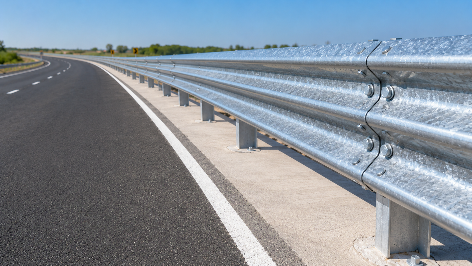 Auroguard high containment hot dip galvanized steel Thrie beam highway crash barrier system installed with post assemblies on a high speed urban expressway median