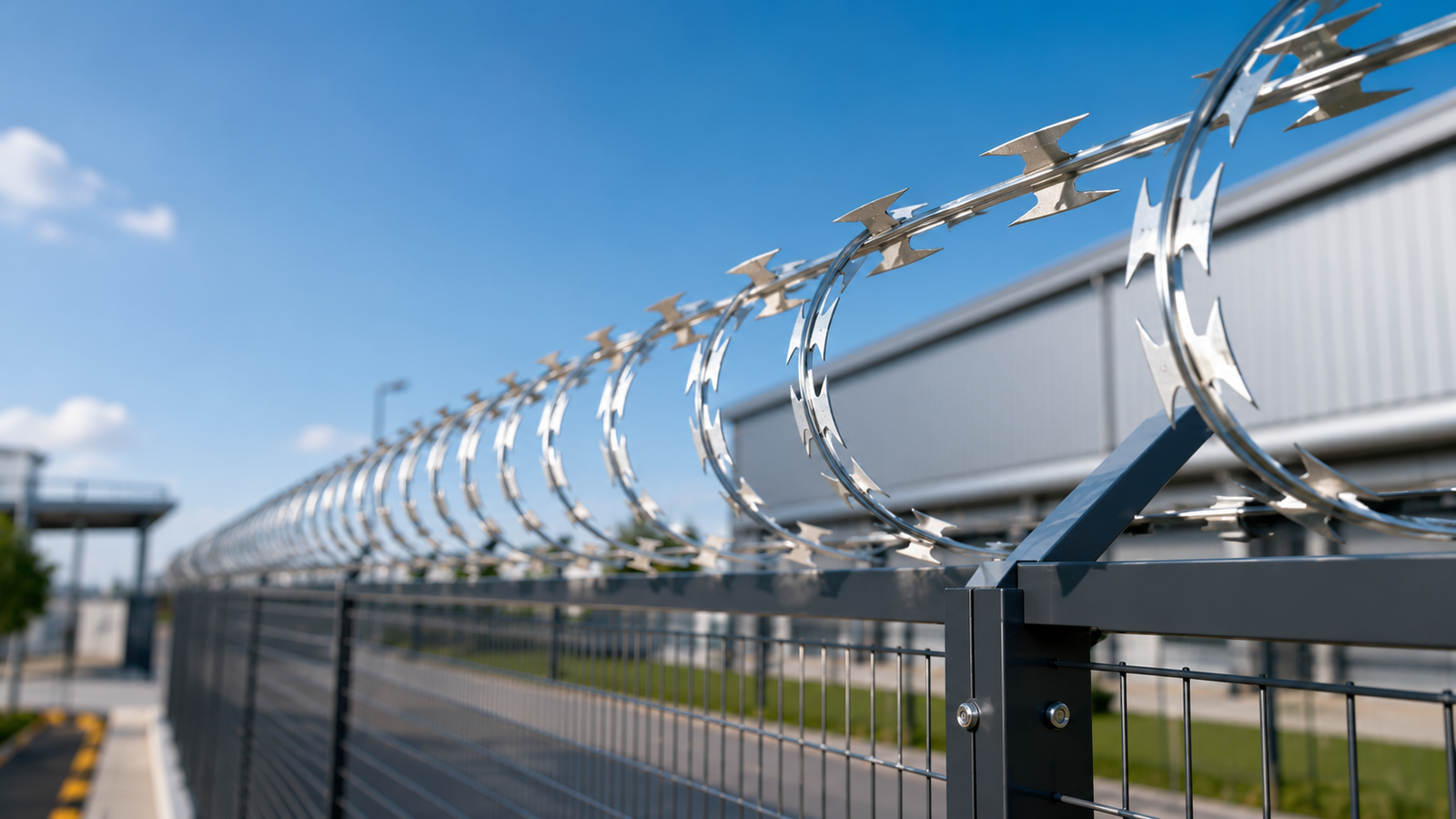 Auroguard high tensile hot dip galvanized steel RBT razor blade tape wire run installed flat along a security fence line