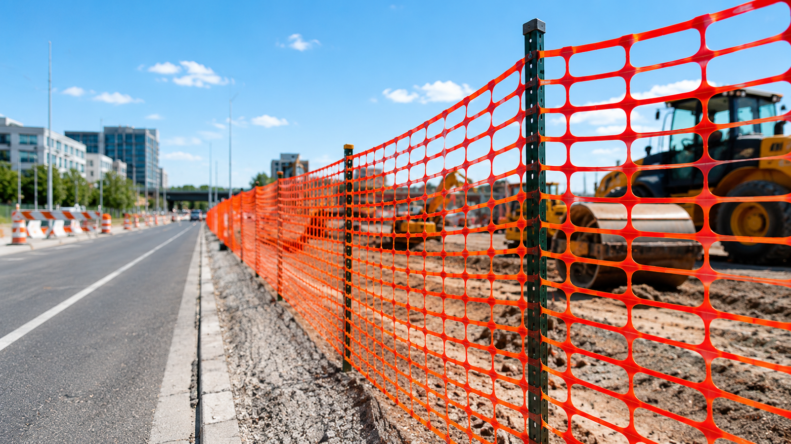 Auroguard high visibility fluorescent orange UV stabilized plastic polymer barrier safety fence roll installed at a construction site