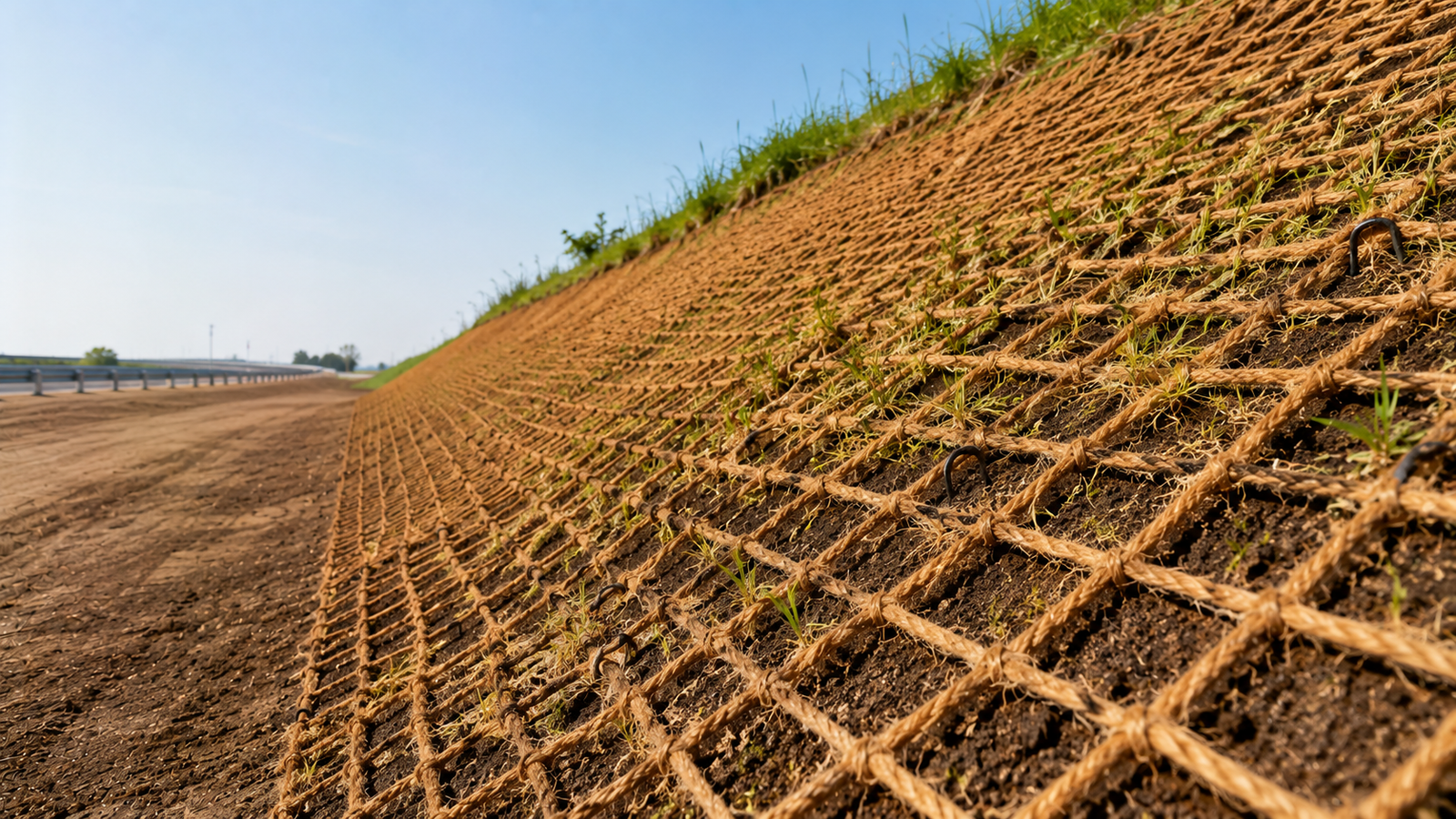 Auroguard 100 percent biodegradable open weave jute mesh soil saver geotextile pinned flat onto an earth embankment slope for erosion control
