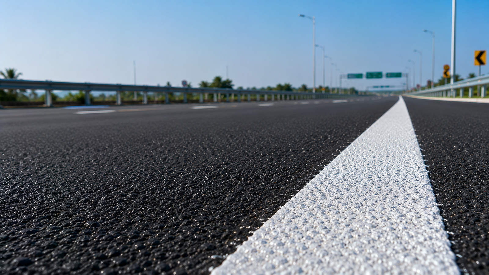 Highly reflective white thermoplastic road marking line by Auroguard Private Limited applied on fresh highway asphalt showing embedded glass beads for nighttime visibility.